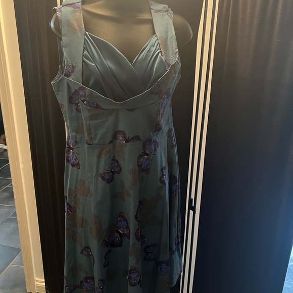 Pin Up Girl Teal Butterfly Print Swing Dress - Picture 2 of 8